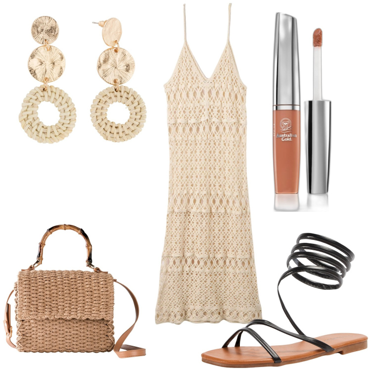 Outfit donna - Total look #1892828. Stile Boho per Tutti i giorni. Abbinamento con borse a mano, orecchini, gloss, vestiti lunghi, sandali.