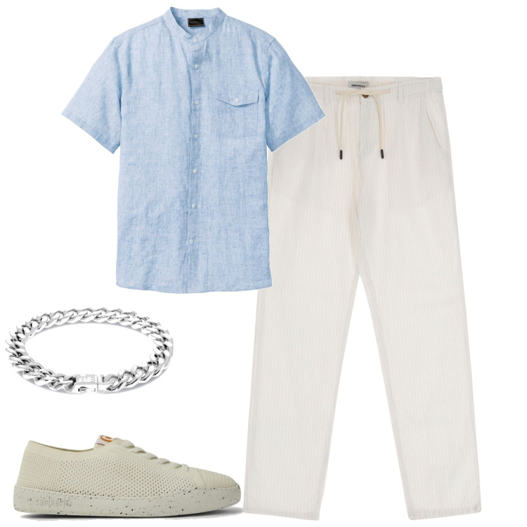 Outfit uomo - Un aperitivo estivo. Stile Trendy per Tutti i giorni. Abbinamento con camicie a manica corta, pantaloni, scarpe stringate, braccialetti.