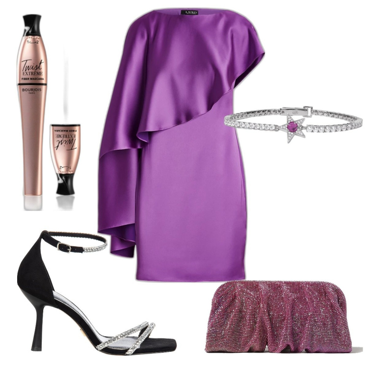 Outfit donna - Serata estiva glamour. Stile Glamour per Serata fuori. Abbinamento con mascara, braccialetti, sandali gioiello, vestiti, clutch.