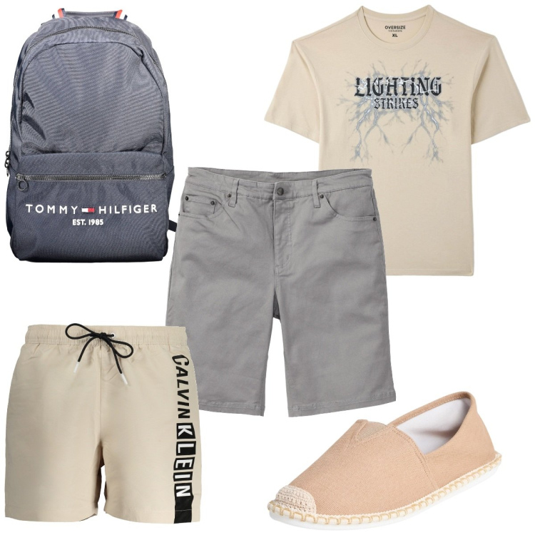 Outfit uomo - Neurals sulla spiaggia. Stile Trendy per Mare. Abbinamento con bermuda, espadrillas, t-shirt, costumi, borse sportive.