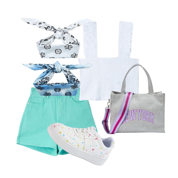 Outfit donna - Libera con Terranova. Stile Casual per Tutti i giorni. Abbinamento con top, shorts, fasce per capelli, sneakers, shopping bag.