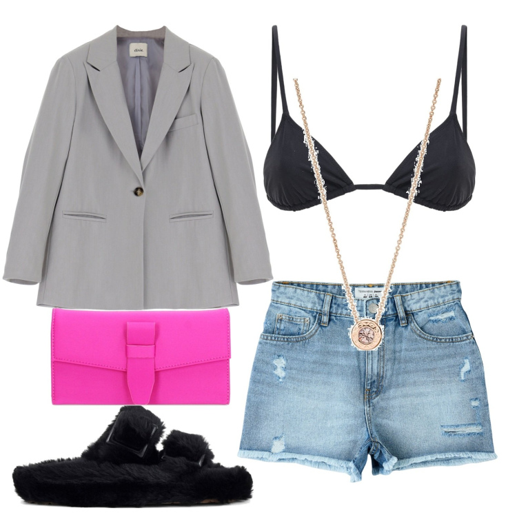 Outfit donna - Un drink in minimal. Stile Bon Ton per Tutti i giorni. look ideale per Petite. Abbinamento con collane, shorts, portafogli, blazer, ciabatte, bikini.