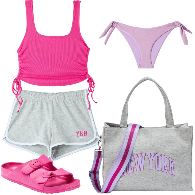 Outfit donna - Concerto in spiaggia. Stile Casual per Mare. Abbinamento con shorts, canottiere, sandali in pelle, shopping bag, bikini.