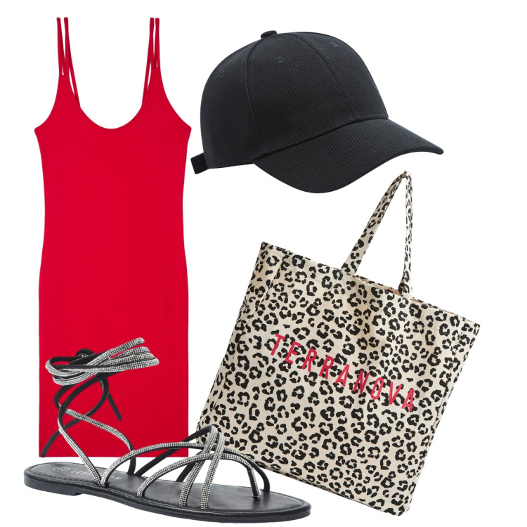 Outfit donna - Rosso e libertà. Stile Casual per Tutti i giorni. Abbinamento con sandali alla schiava, cappelli, vestiti, shopping bag.