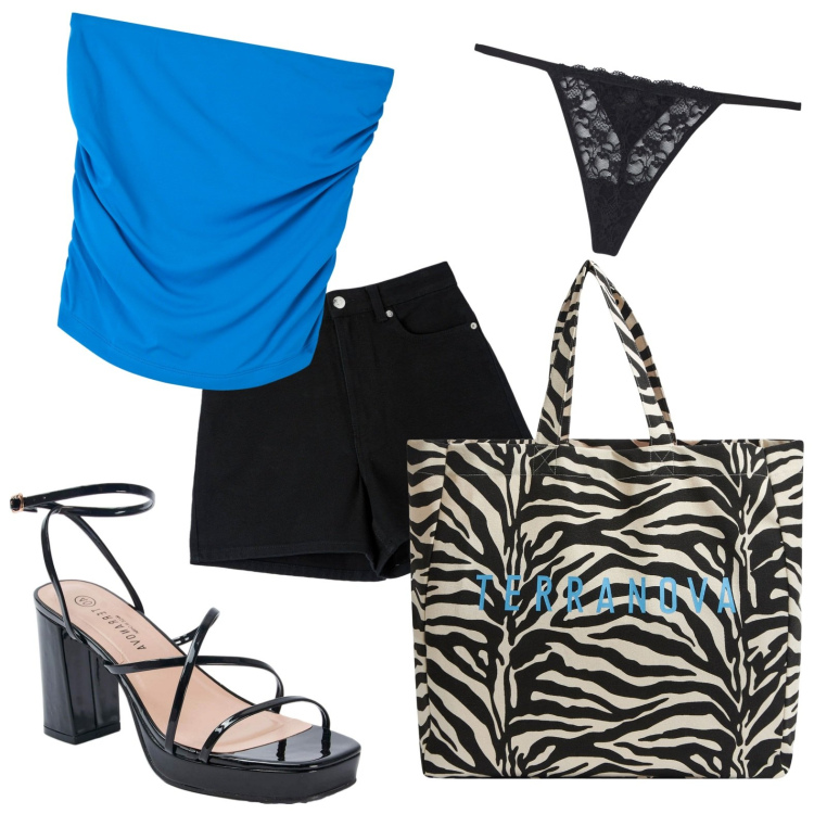 Outfit donna - Perizoma e Shorts. Stile Casual chic per Serata fuori. Abbinamento con borse tote, shorts, perizomi, top, sandali in pelle.