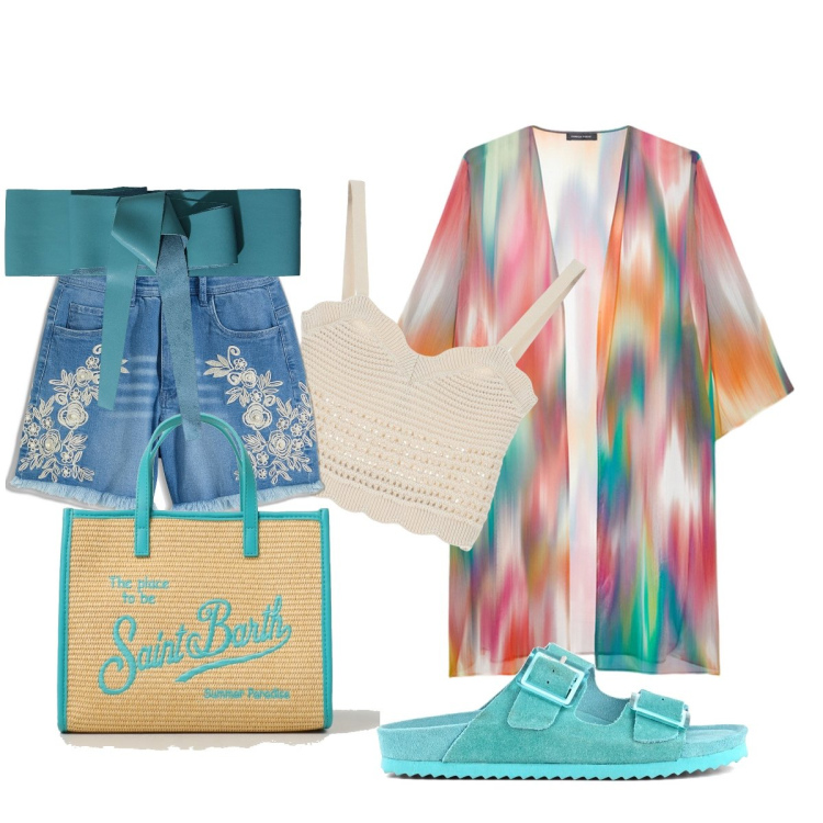 Outfit donna - Serate d’estate. Stile Casual chic per Serata fuori. Abbinamento con shorts, cinture, top, sandali, caftani, borse a spalla.
