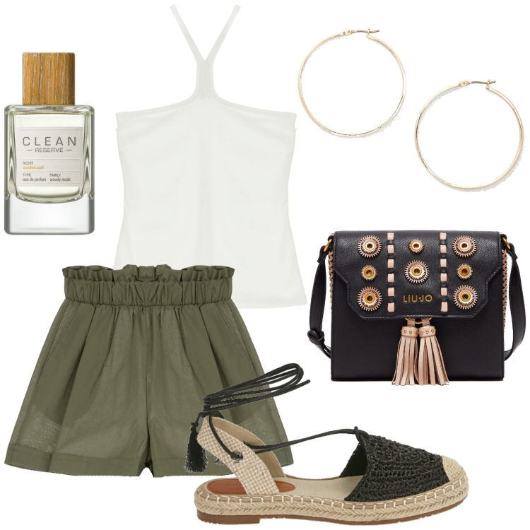Outfit donna - Shorts verdi. Stile Casual per Tutti i giorni. Abbinamento con profumi, shorts, top, espadrillas, orecchini, borse a tracolla.