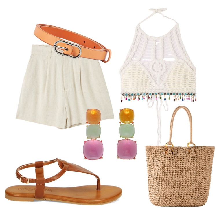 Outfit donna - Il top crochet con le perline. Stile Casual per Tutti i giorni. Abbinamento con shopping bag, bermuda, top, cinture, ciabatte, orecchini.