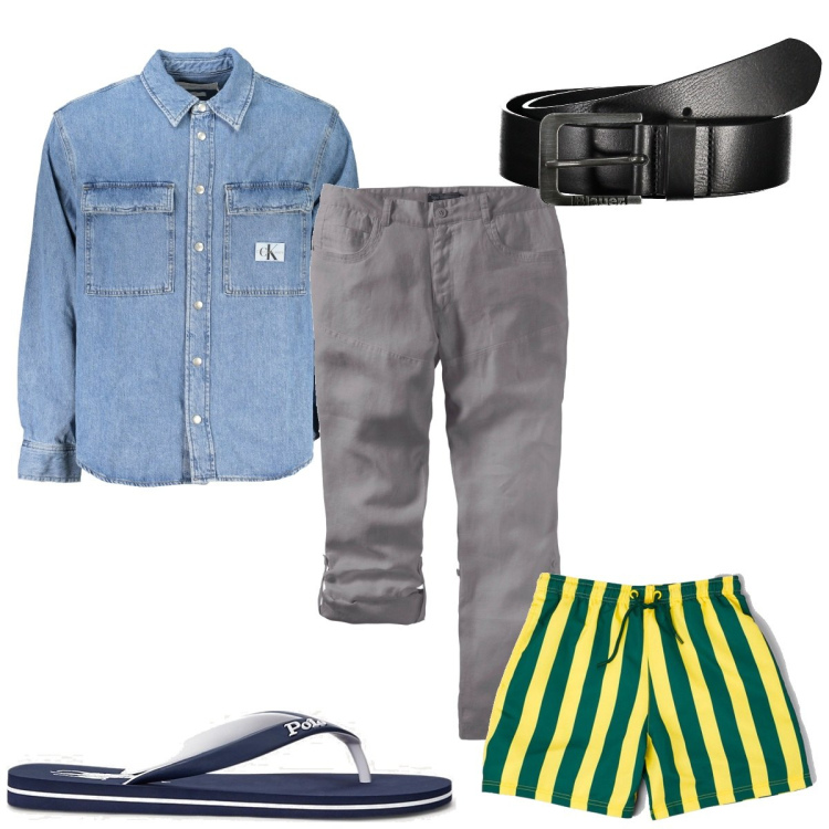 Outfit uomo - Total look #1892967. Stile Trendy per Mare. Abbinamento con pantaloni, sandali, cinture, camicie, costumi.