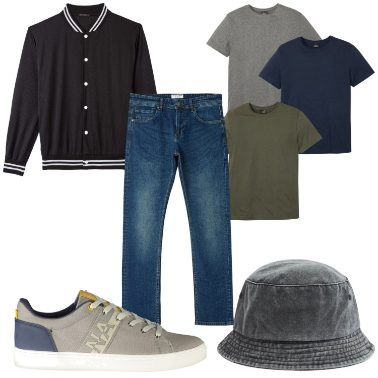 Outfit uomo - Total look #1892975. Stile Trendy per Tutti i giorni. Abbinamento con t-shirt, cappelli, bomber, jeans dritti, sneakers.