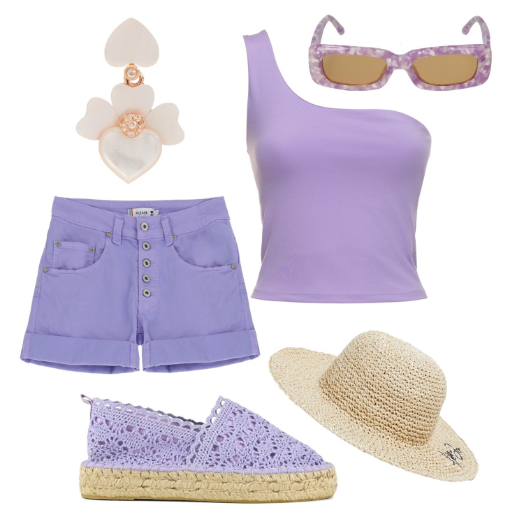 Outfit donna - Spensierata con gli shorts glicine. Stile Casual per Tutti i giorni. Abbinamento con orecchini, shorts, espadrillas, occhiali da sole, canottiere, cappelli.