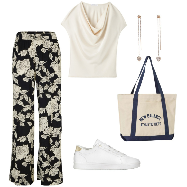 Outfit donna - Comoda in ufficio. Stile Minimal per Ufficio. Abbinamento con pantaloni a palazzo, sneakers, bluse, orecchini, borse tote.