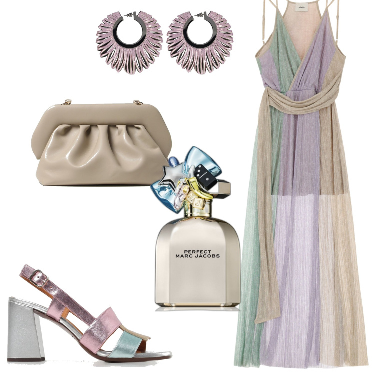 Outfit donna - Leggero per la sera. Stile Chic per Serata fuori. Abbinamento con profumi, vestiti lunghi, sandali col tacco, orecchini, clutch.