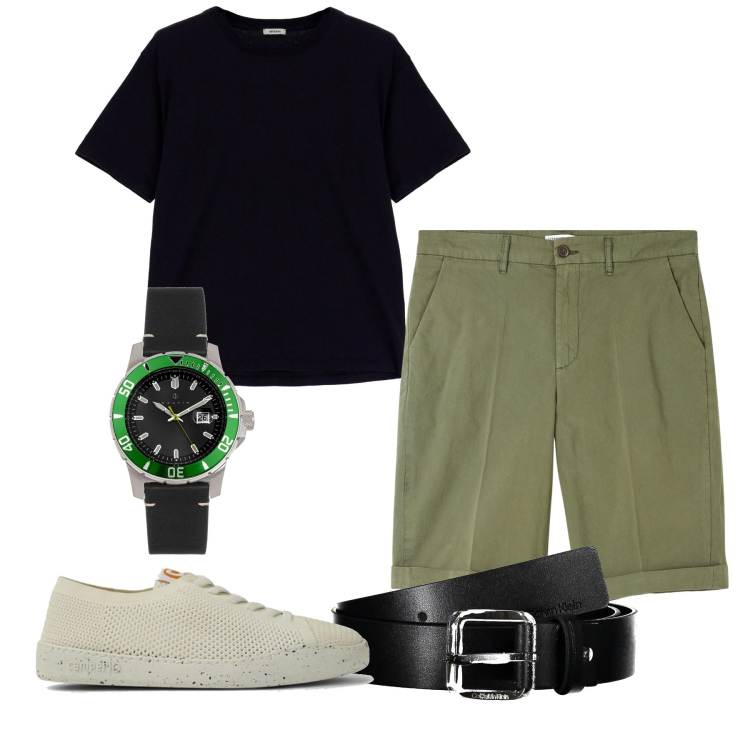 Outfit uomo - Aperitivo. Stile Trendy per Tutti i giorni. Abbinamento con orologi, bermuda, t-shirt, cinture, scarpe stringate.