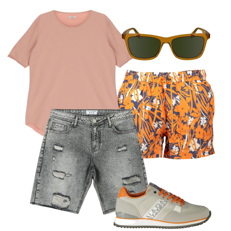 Outfit uomo - Vivace. Stile Casual per Mare. Abbinamento con shorts, t-shirt, occhiali da sole, sneakers, costumi.