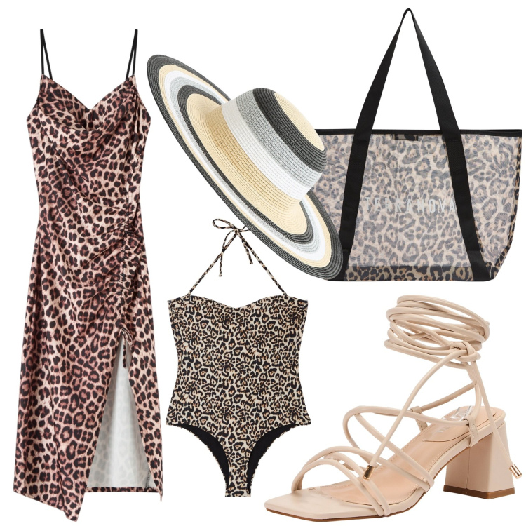 Outfit donna - Total look #1893020. Stile Glamour per Mare. Abbinamento con costumi interi, vestiti, shopping bag, sandali alla schiava, cappelli.