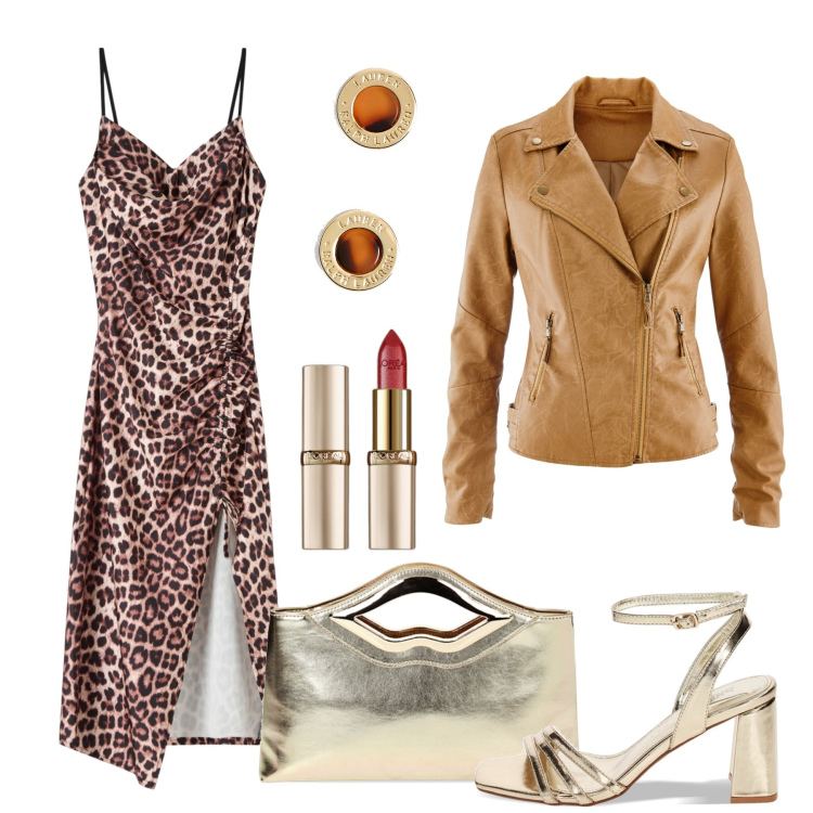 Outfit donna - Slip dress animalier. Stile Trendy per Tutti i giorni. Abbinamento con blazer, rossetti, vestiti, sandali col tacco, pochette, orecchini.