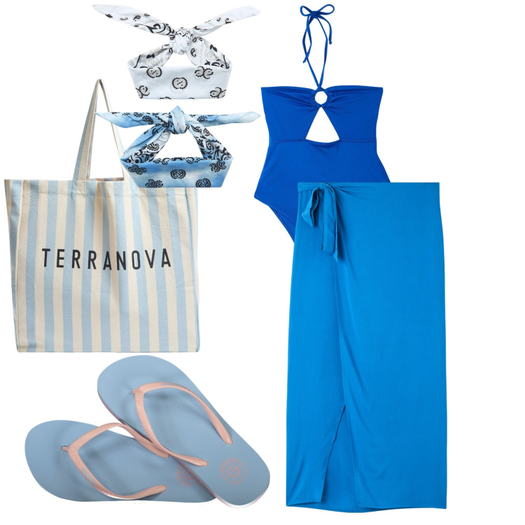 Outfit donna - Le sfumature del mare. Stile Basic per Mare. Abbinamento con vestiti da spiaggia, costumi interi, fasce per capelli, borse tote, infradito.
