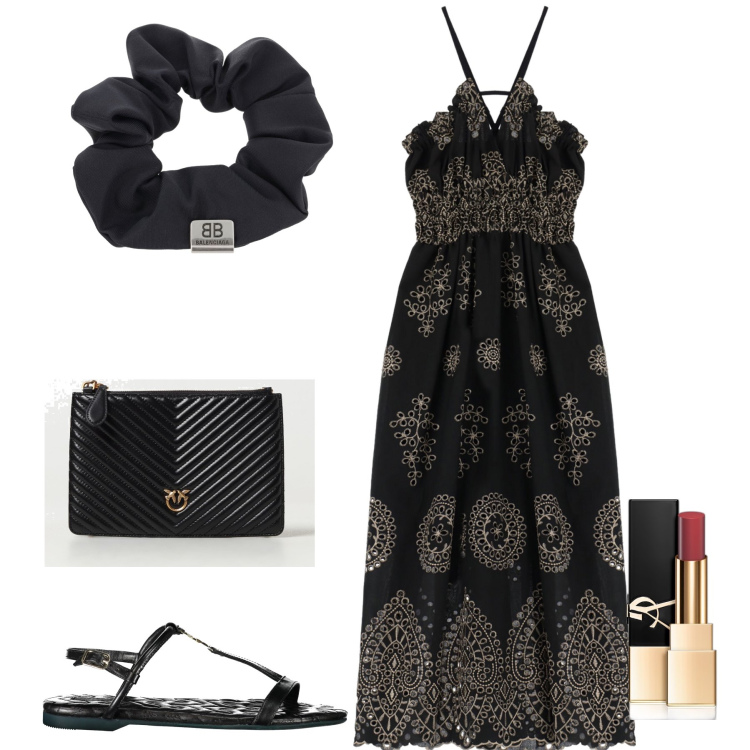 Outfit donna - Cena lume di candela vista mare. Stile Glamour per Serata fuori. Abbinamento con rossetti, vestiti lunghi, clutch, sandali, accessori per capelli.