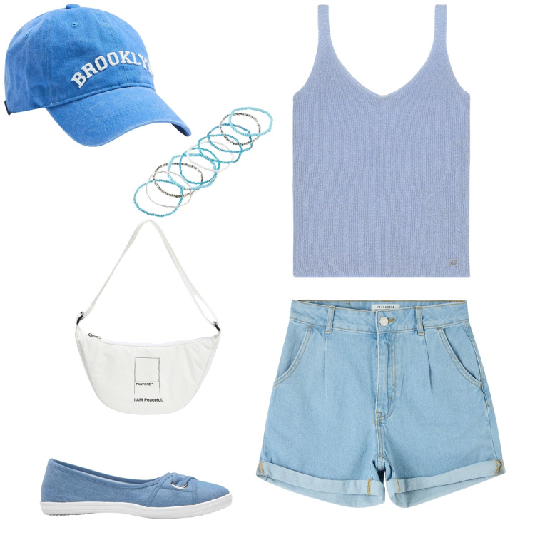 Outfit donna - Fresca passeggiata. Stile Casual per Tutti i giorni. Abbinamento con ballerine, braccialetti, cappelli, marsupi, shorts, canottiere.