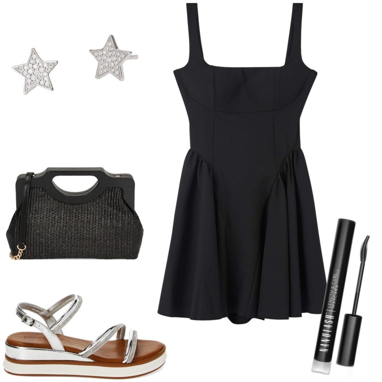 Outfit donna - Serata sotto le stelle. Stile Bon Ton per Serata fuori. Abbinamento con mascara, orecchini, vestiti corti, zeppe, borse a mano.