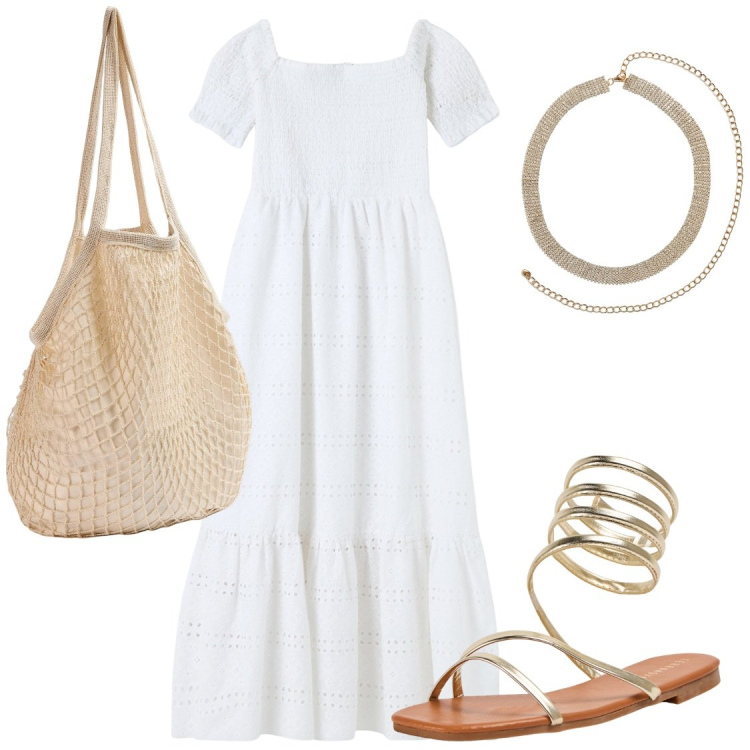 Outfit donna - Una sera free. Stile Boho per Tutti i giorni. Abbinamento con vestiti lunghi, borse a spalla, sandali, collane.