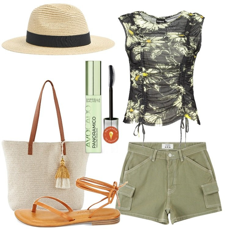 Outfit donna - Viva gli shorts. Stile Trendy per Tutti i giorni. Abbinamento con shopping bag, mascara, cappelli, pantaloni corti, sandali, canottiere.