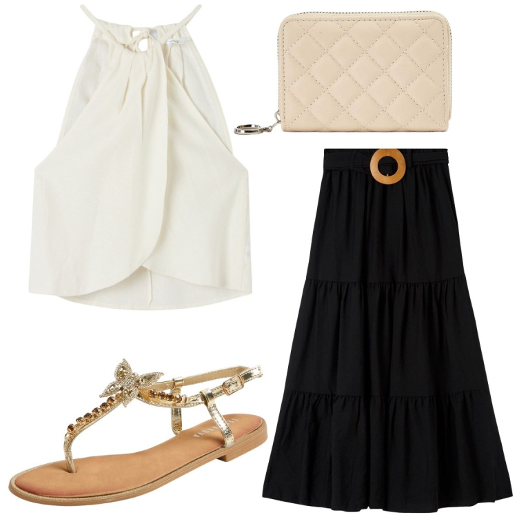 Outfit donna - Panna e nero. Stile Boho per Serata fuori. Abbinamento con gonne lunghe, top, portafogli, sandali gioiello.