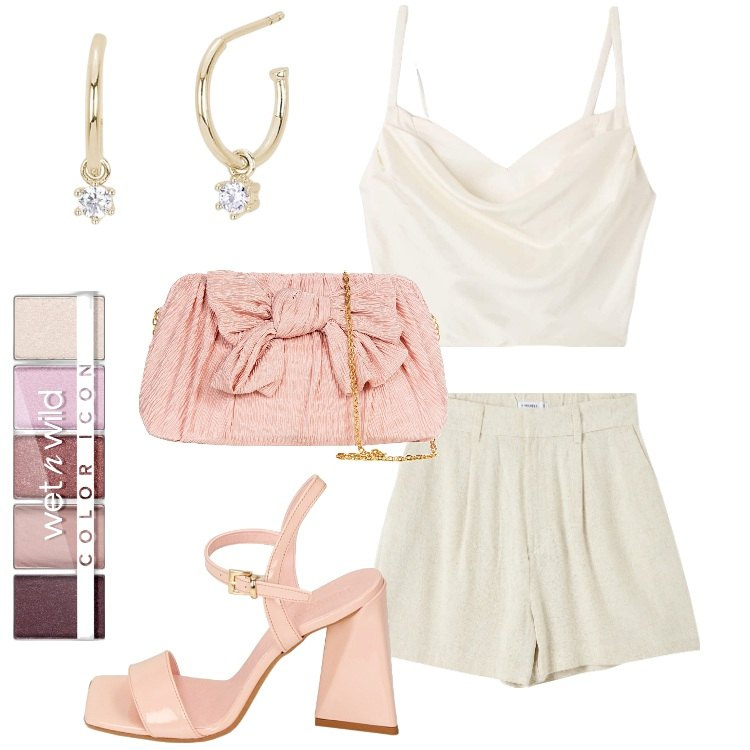 Outfit donna - Gli shorts per la sera. Stile Chic per Serata fuori. Abbinamento con ombretti, bermuda, top, orecchini, pochette, sandali col tacco.