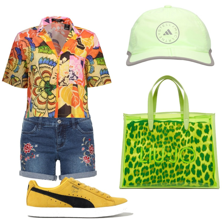 Outfit donna - Shopping in vacanza. Stile Urban per Mare. Abbinamento con shorts, cappelli, camicie a manica corta, shopping bag, sneakers.