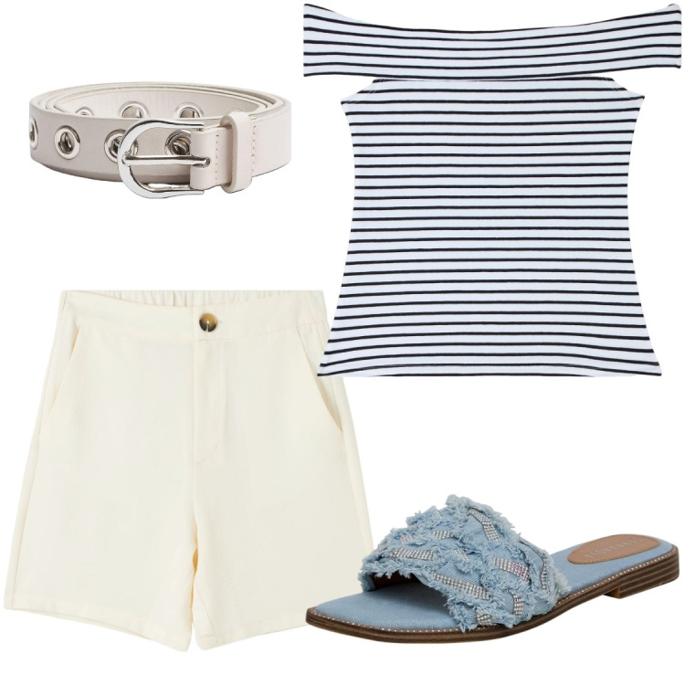 Outfit donna - Passeggiate. Stile Casual chic per Tutti i giorni. Abbinamento con bermuda, top, ciabatte, cinture.