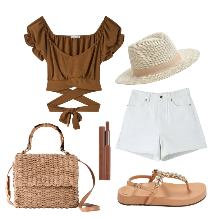 Outfit donna - Ghost oitfitter - giugno. Stile Trendy per Tutti i giorni. Abbinamento con borse a mano, rossetti, bluse, shorts, cappelli, ciabatte.