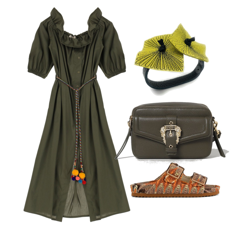 Outfit donna - Ghost oitfitter - giugno. Stile Casual chic per Tutti i giorni. Abbinamento con braccialetti, vestiti midi/longuette, sandali, borse a spalla.
