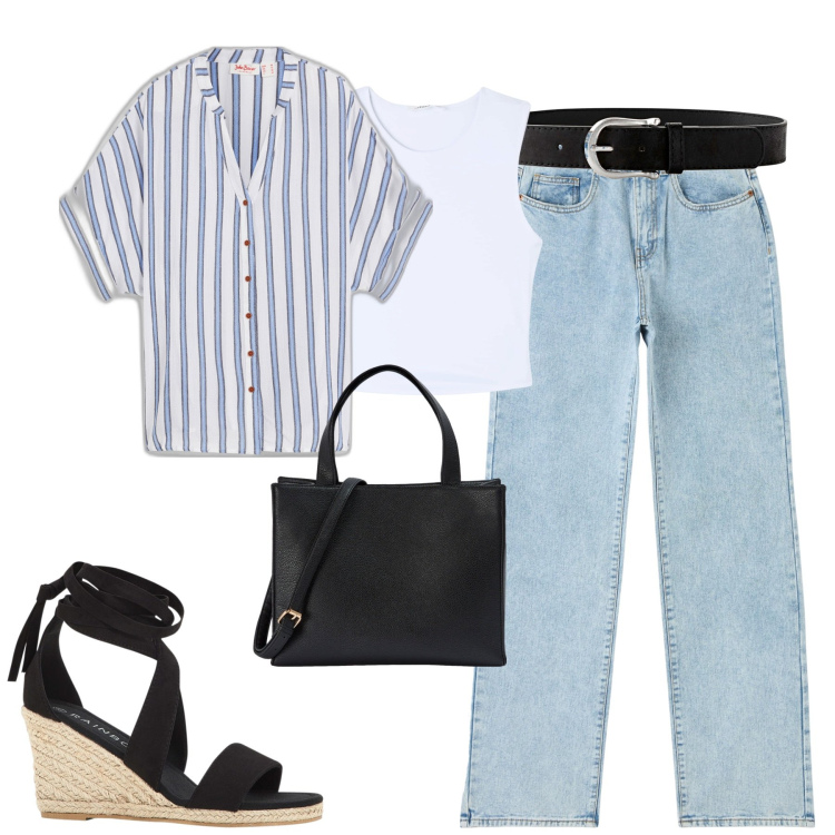 Outfit donna - City. Stile Casual chic per Tutti i giorni. Abbinamento con camicie, cinture, sandali, shopping bag, jeans dritti, canottiere.