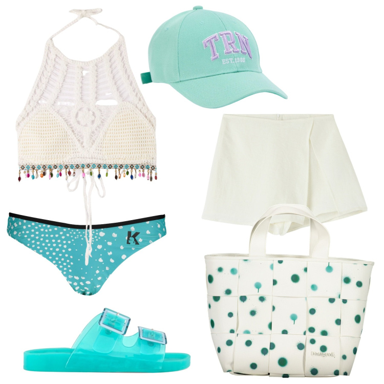 Outfit donna - Al mare con il top. Stile Boho per Mare. Abbinamento con minigonne, top, cappelli, sandali, costumi, borse a spalla.