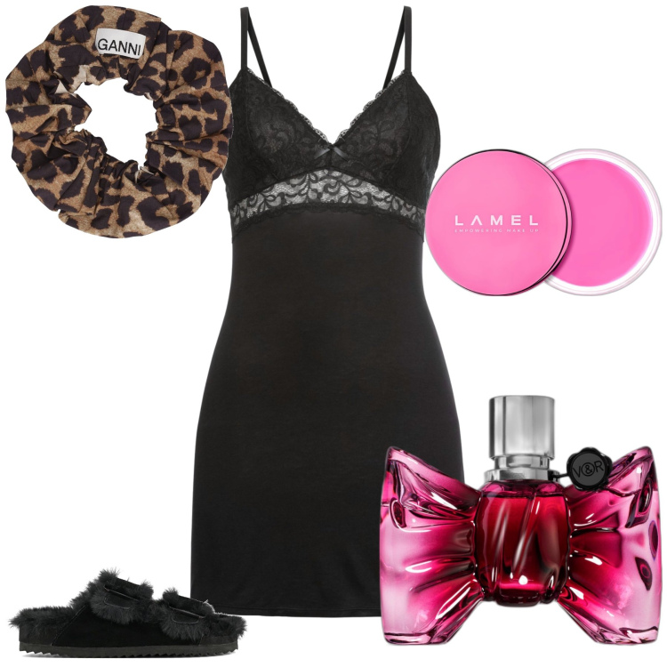 Outfit donna - Sabato sera a casa ma wow. Stile Chic per Tutti i giorni. Abbinamento con vestaglie, profumi, blush, accessori per capelli, ciabatte.