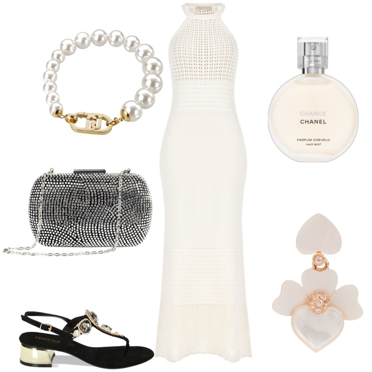 Outfit donna - Sera. Stile Chic per Serata fuori. Abbinamento con orecchini, profumi, vestiti lunghi, clutch, sandali gioiello, braccialetti.