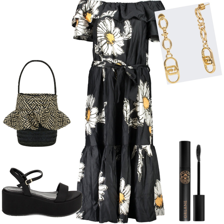 Outfit donna - Serata estiva. Stile Bon Ton per Serata fuori. Abbinamento con mascara, zeppe, borse a secchiello, vestiti lunghi, orecchini.