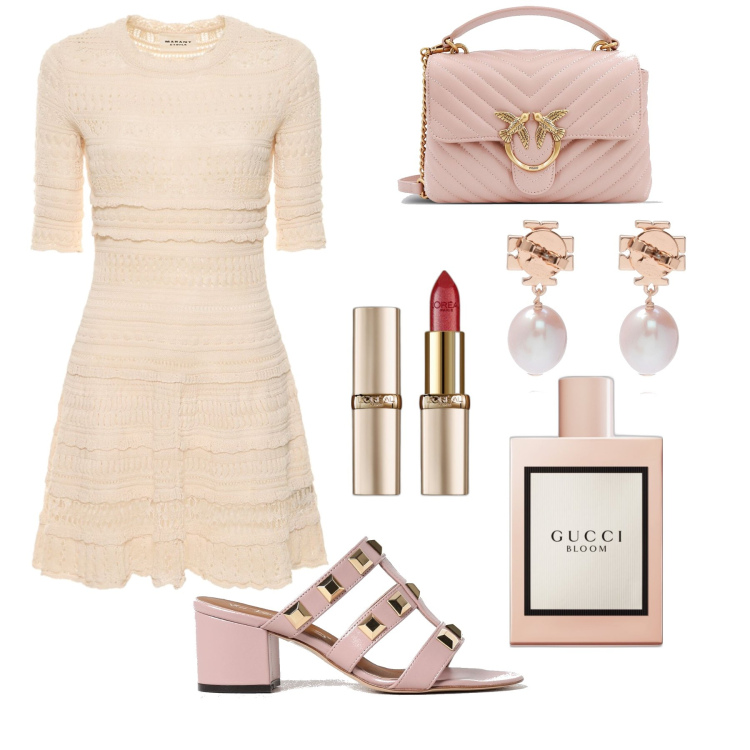 Outfit donna - Festa di compleanno in crochet. Stile Bon Ton per Cerimonia. Abbinamento con orecchini, profumi, rossetti, vestiti, sandali col tacco, borse a mano.