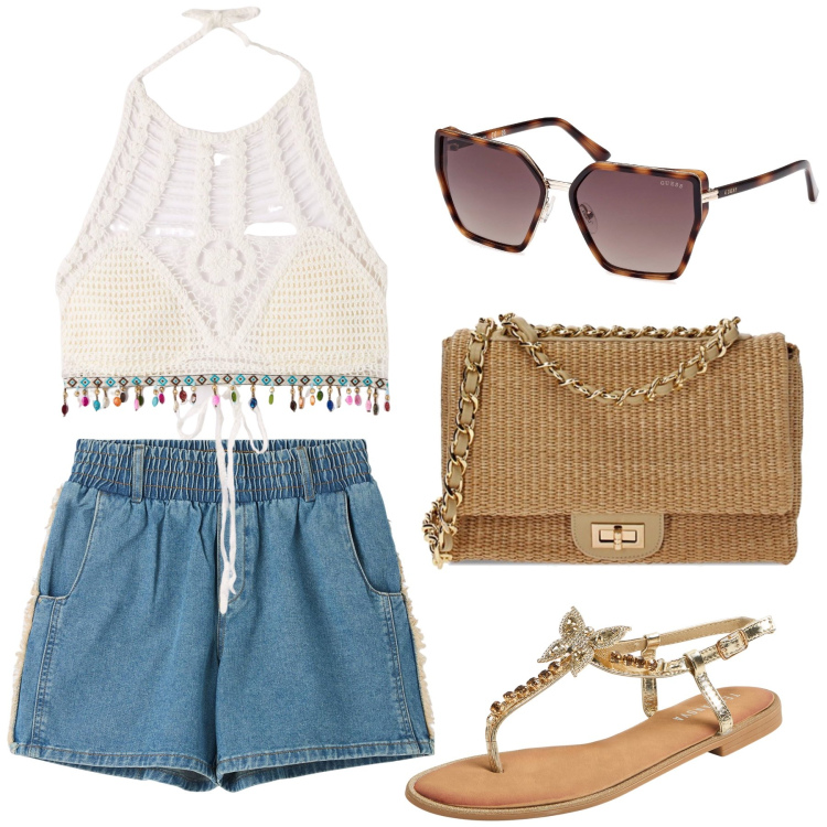 Outfit donna - Top e short. Stile Sporty chic per Tutti i giorni. Abbinamento con shorts, sandali gioiello, top, borse a tracolla, occhiali da sole.