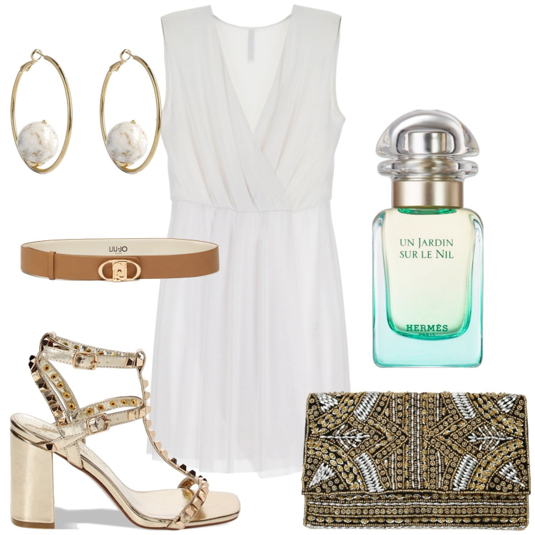 Outfit donna - Aperitivo in spiaggia. Stile Chic per Serata fuori. Abbinamento con profumi, vestiti corti, sandali col tacco, pochette, cinture, orecchini.