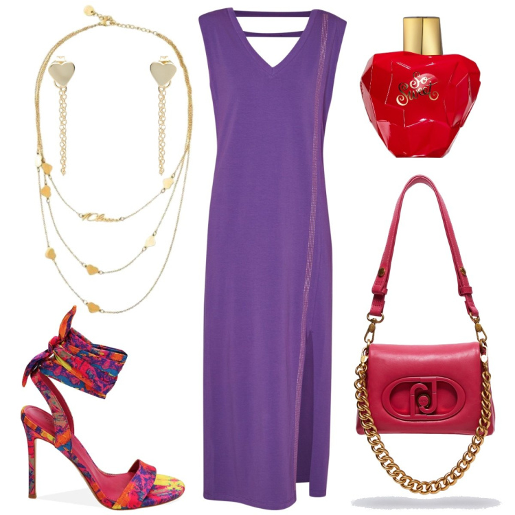 Outfit donna - Total look #1893153. Stile Chic per Serata fuori. Abbinamento con orecchini, collane, profumi, sandali col tacco, vestiti lunghi, borse a tracolla.