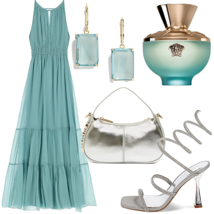 Outfit donna - Abito lungo. Stile Glamour per Serata fuori. Abbinamento con profumi, sandali gioiello, vestiti lunghi, orecchini, borse a mano.