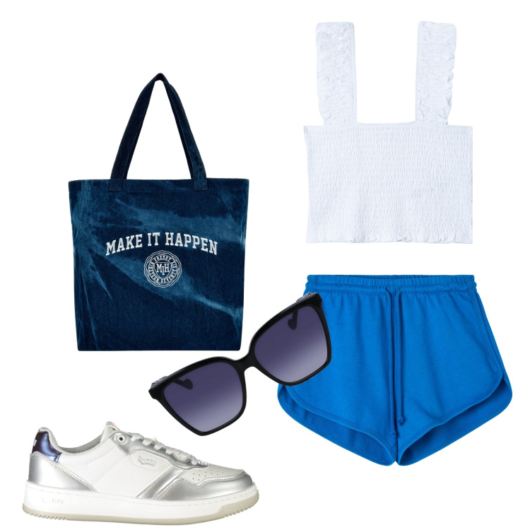Outfit donna - Fa caldo!. Stile Casual per Mare. Abbinamento con top, pantaloncini sportivi, shopping bag, occhiali da sole, sneakers.