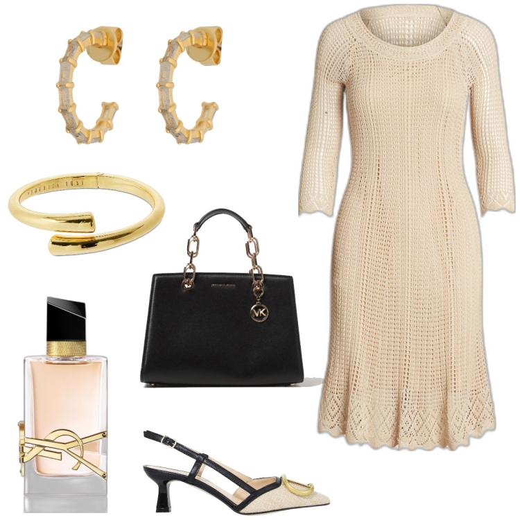 Outfit donna - Total look #1893165. Stile Chic per Tutti i giorni. Abbinamento con orecchini, profumi, sandali in pelle, vestiti, braccialetti, borse a mano.