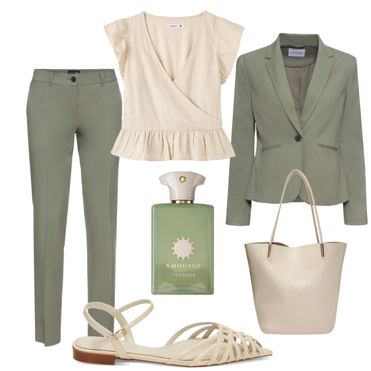 Outfit donna - Completo minimal per l’ufficio. Stile Minimal per Ufficio. Abbinamento con pantaloni, blazer, profumi, bluse, ballerine, borse a spalla.