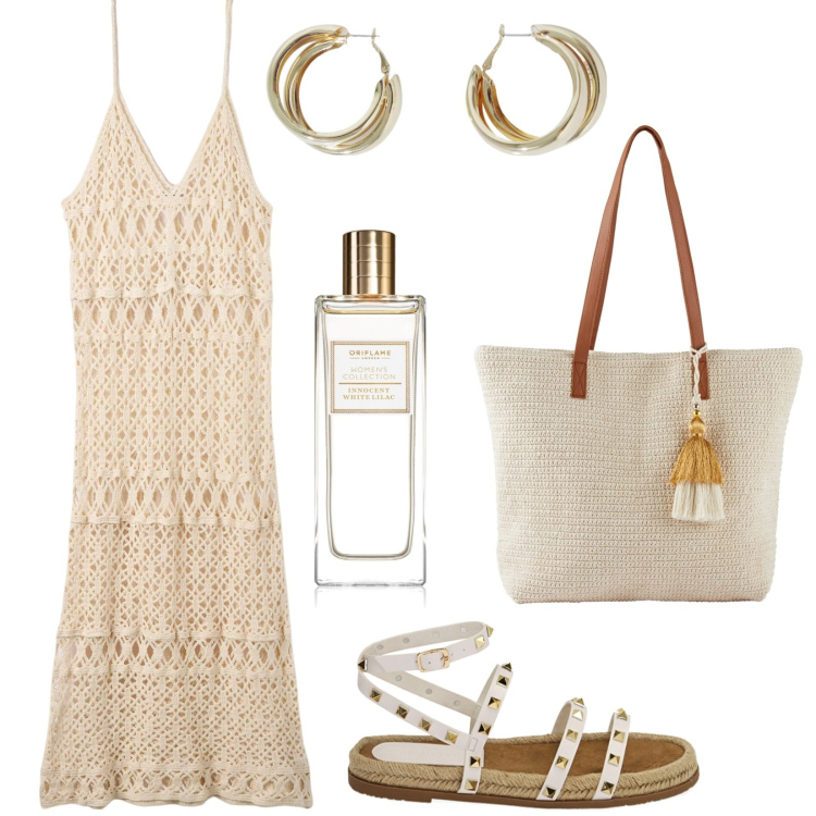 Outfit donna - Vestito crochet. Stile Etnico per Tutti i giorni. Abbinamento con shopping bag, profumi, vestiti lunghi, sandali, orecchini.