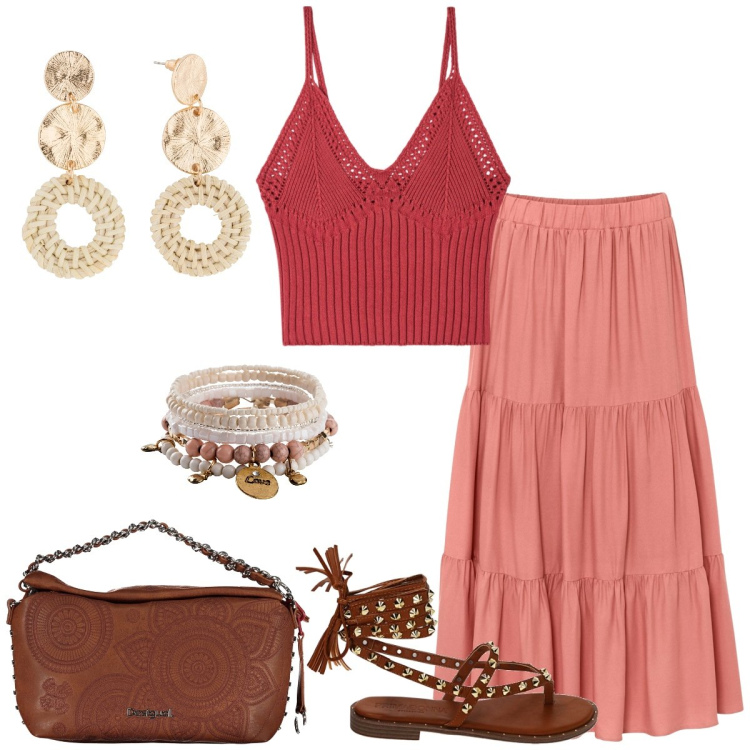 Outfit donna - Total look #1893206. Stile Boho per Tutti i giorni. Abbinamento con gonne longuette, braccialetti, orecchini, top, sandali, collane.