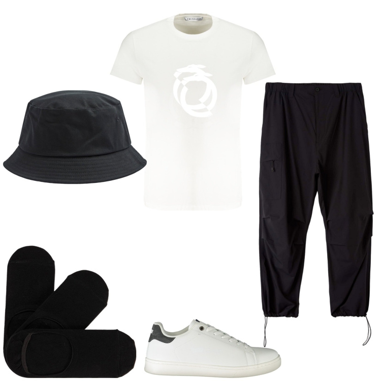 Outfit uomo - B&W. Stile Casual per Tutti i giorni. Abbinamento con pantaloni cargo, cappelli, calzini, sneakers, t-shirt.