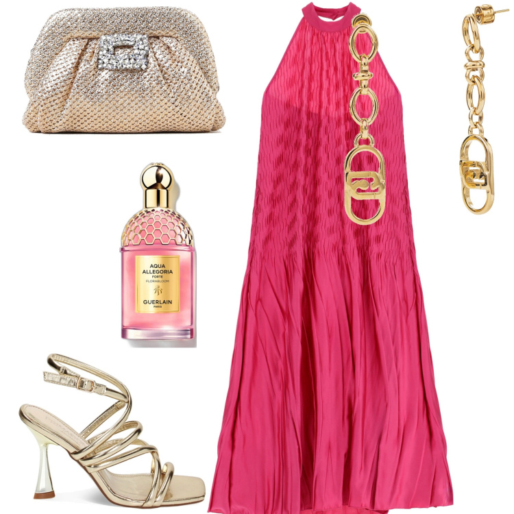 Outfit donna - Vestito per la sera. Stile Chic per Serata fuori. Abbinamento con profumi, sandali col tacco, vestiti lunghi, clutch, orecchini.